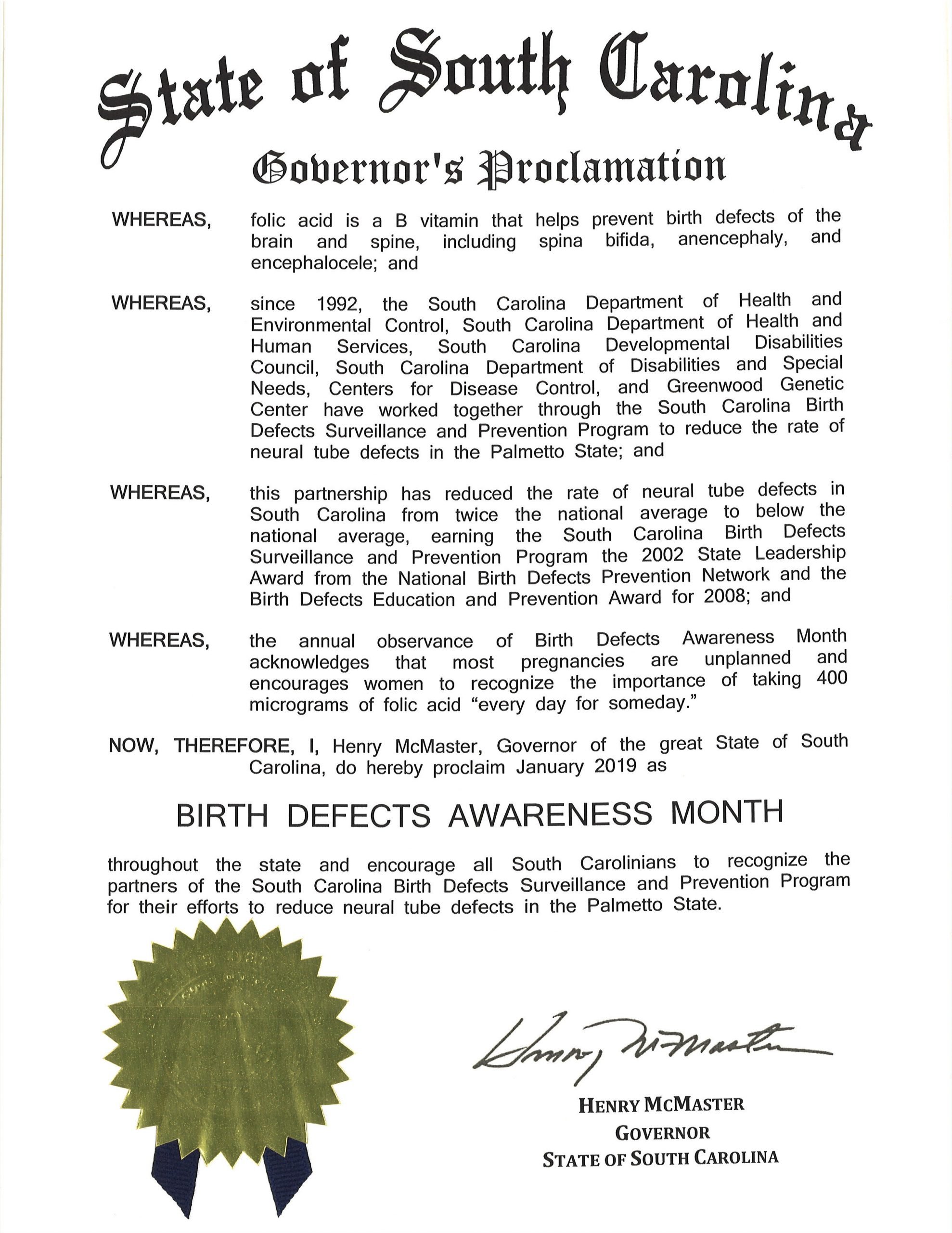 2019 SC Governor's proclamation of Birth Defects Awareness Month