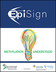 EpiSign brochure cover with stylized lightbulb and text 'Methylation Understood'